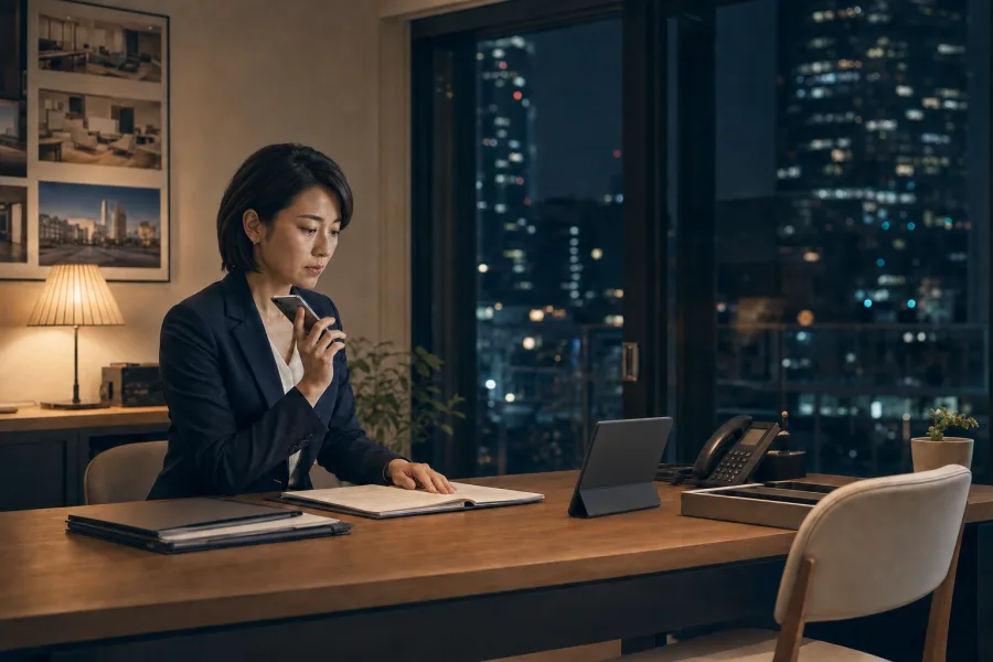夜、ひとりで対応する不動産エージェント