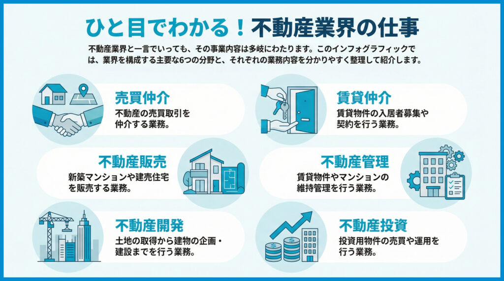 図解:不動産業界の主な分野と特徴